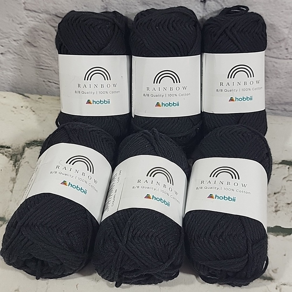 Hobbii‎ Rainbow Brand Yarn Black 100% Cotton Lot Of 6 Mini Skiens Knit Crochet